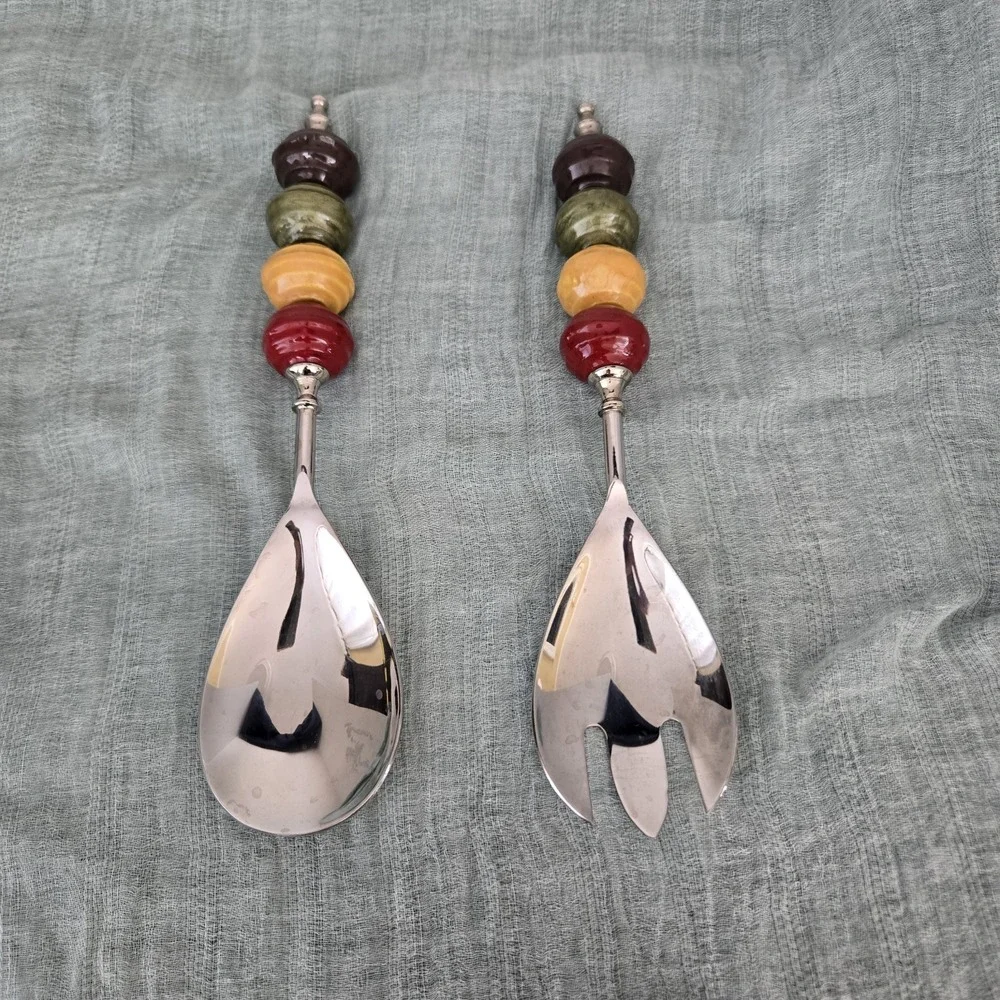 Ornate Serving Utensils Fork Spoon Silver-tone Textured Multicolor Beaded Handle